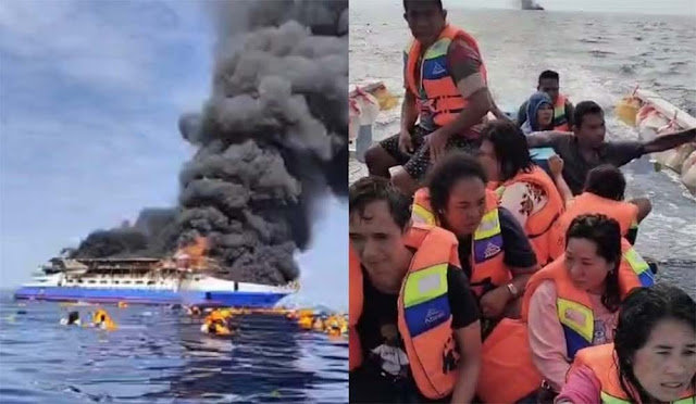 TNI AL Evakuasi Korban Kebakaran KM Barcelona 5 di Perairan Talise