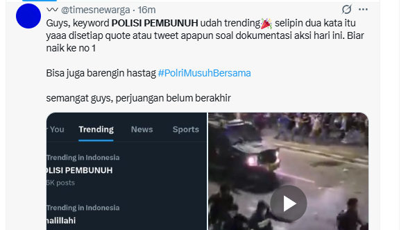 Tagar POLISI PEMBUNUH Trending di X Usai Viral Driver Ojol Tewas Dilindas Mobil Brimob