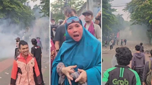 Dihadang Ojol dan TNI, Seorang Ibu Ngotot Maju Saat Brimob Tembakan Gas Air Mata