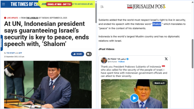 Ketika Ucapan Shalom Presiden Prabowo Jadi Headline Dua Media Israel
