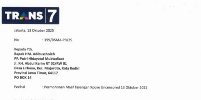 Keluarga Ponpes Lirboyo Terima Surat Permohonan Maaf Resmi dari Trans7