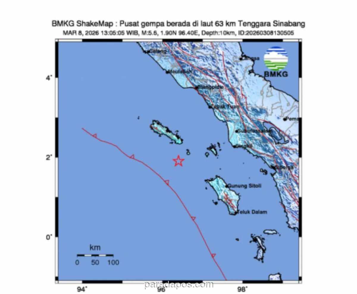 Gempa Magnitudo 5,6 Guncang Perairan Tenggara Simeulue, BMKG Pastikan Tak Berpotensi Tsunami