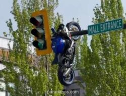 Motor Superbike Tersangkut di Tiang Lampu Lalu Lintas Usai Tabrakan di North Delta, Pengendara Selamat