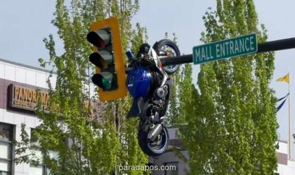Motor Superbike Tersangkut di Tiang Lampu Lalu Lintas Usai Tabrakan di North Delta, Pengendara Selamat