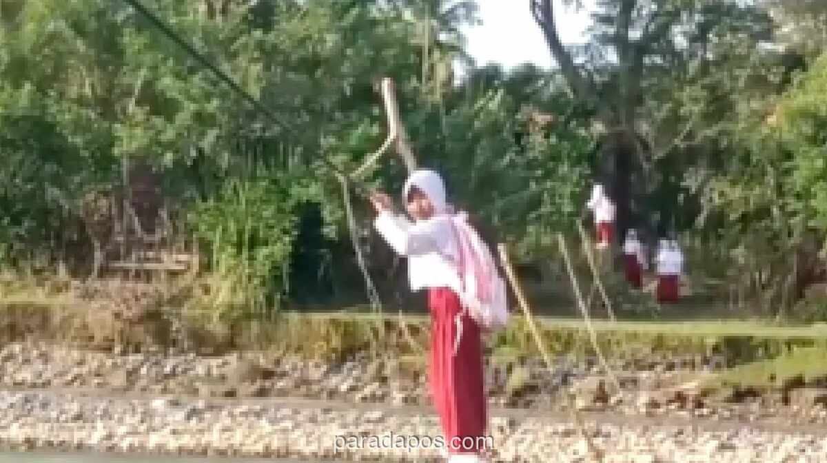 Anak di Aceh Barat Nekat Titip Jembatan Tali Baja Demi Sekolah, Guru Pun Mendampingi