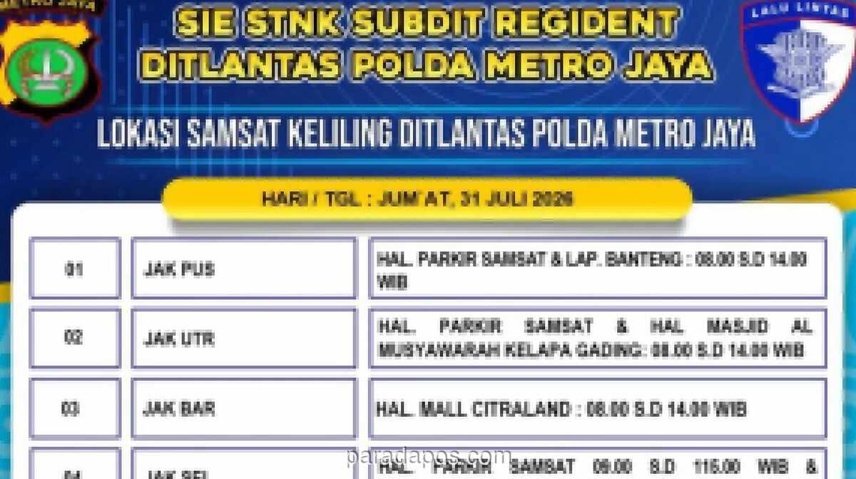 Polda Metro Jaya Kembali Buka Layanan Samsat Keliling di 14 Titik Jakarta dan Sekitarnya